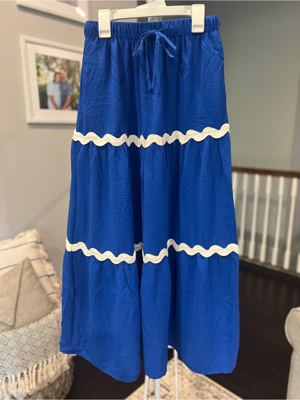 Blue Maxi Skirt with White Trim AND POCKETS! Size- Small